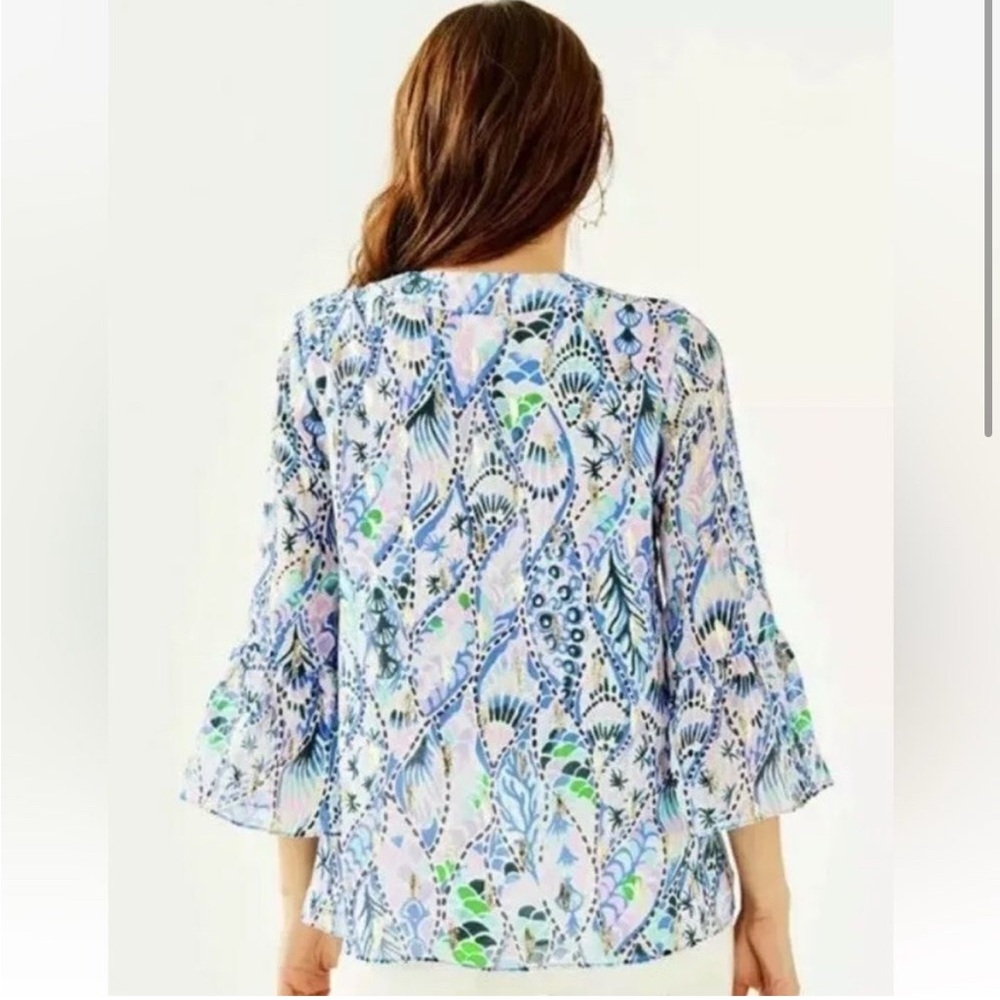 Perfect LILLY PULITZER ELENORA SILK BLOUSE TAILS OF THE SEA METALLICS Small - Picture 2 of 9